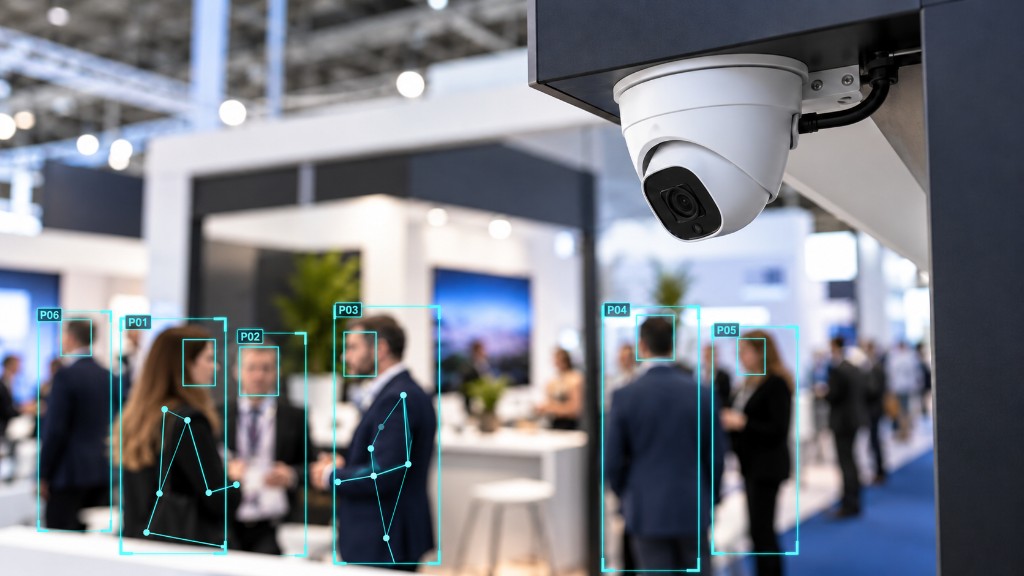 A turret camera on an exhibition stand with illustrative anonymous visitor activity overlays