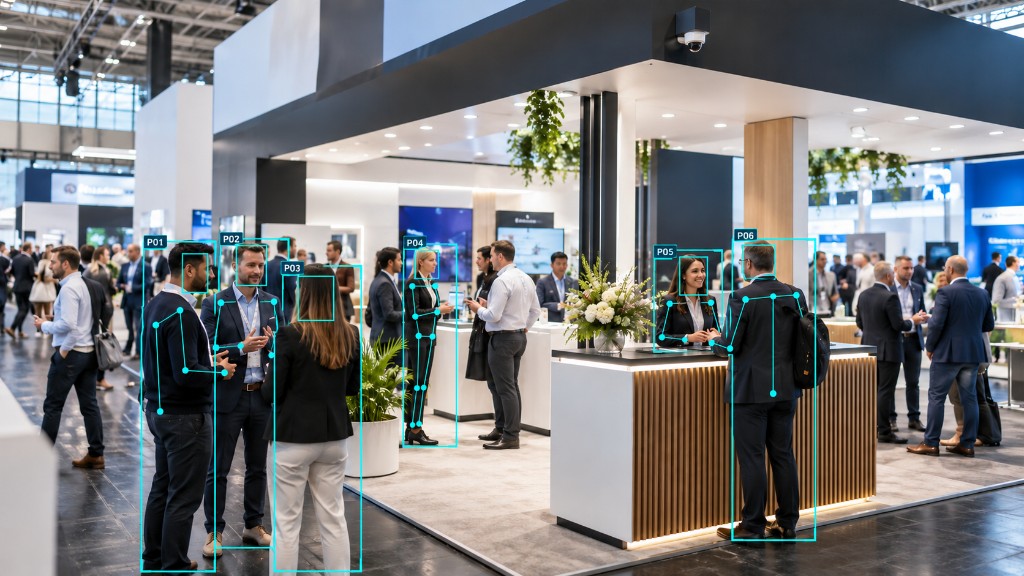 A busy exhibition stand with illustrative anonymous visitor activity overlays